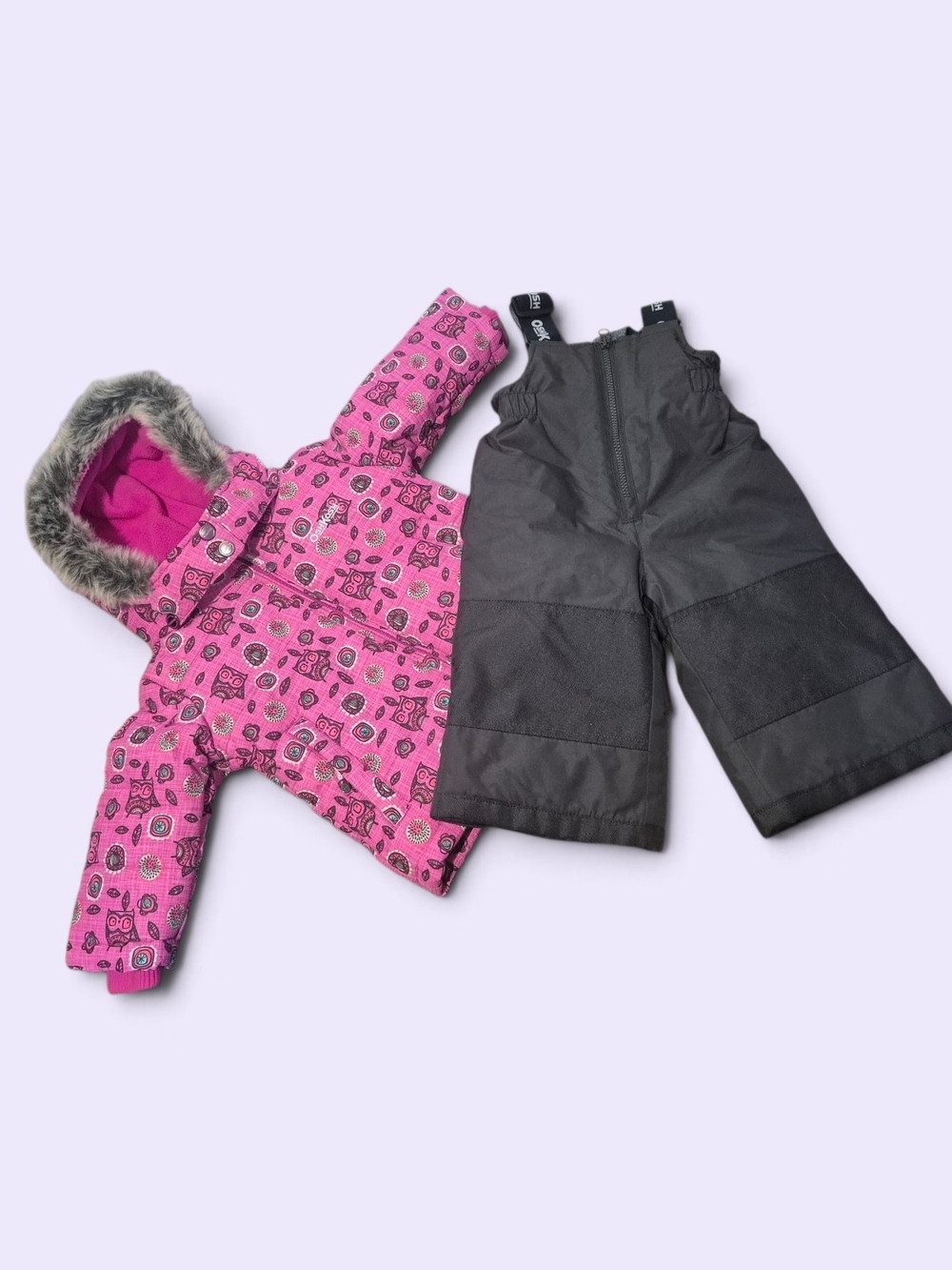 Kids Pink Owl Print Winter Jacket & Black Snow Bib Set